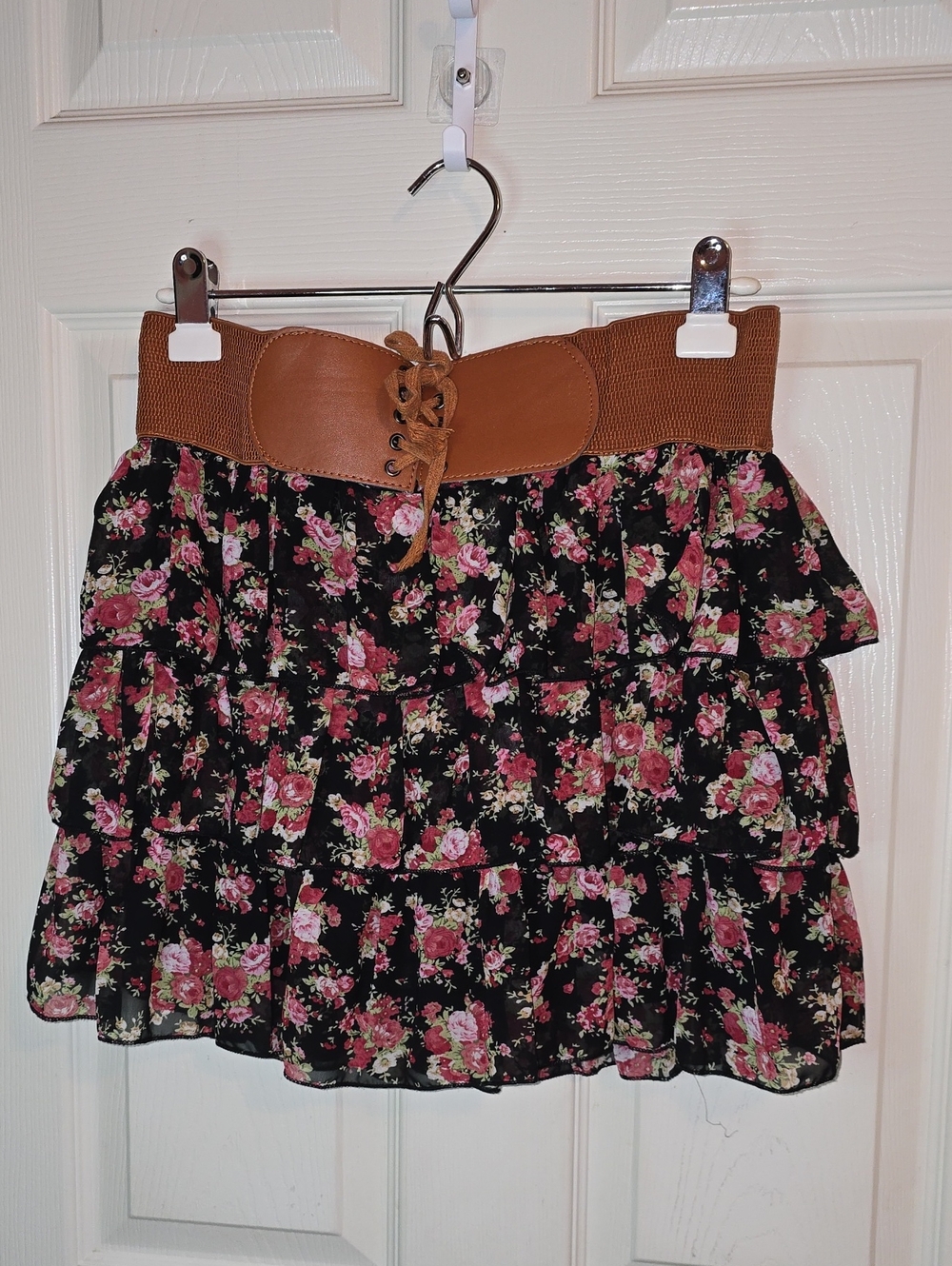 Tiered Floral Mini Skirt with Brown‎ Lace-Up Waistband